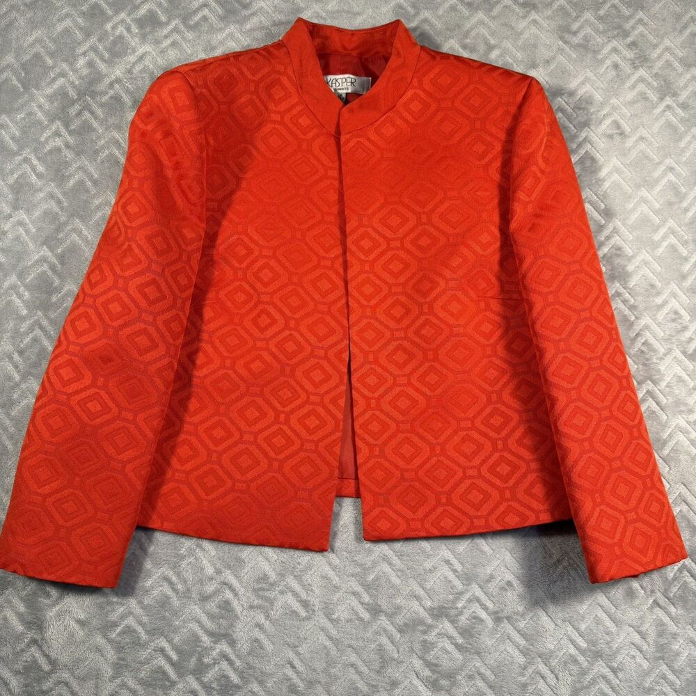Womens Kasper Red Blazer 3/4” Sleeves, Cropped Jacket, Sz 8P Geometric Embossed